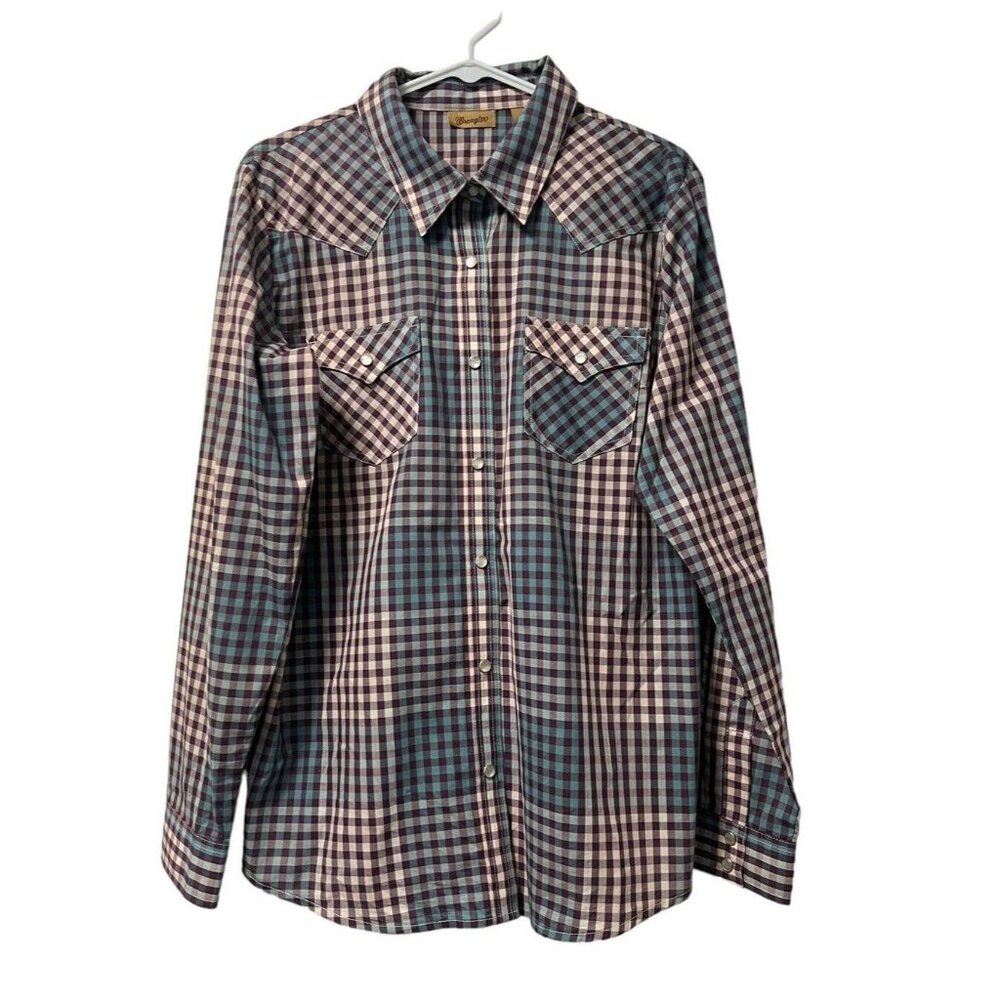 Wrangler Pearl Snap Shirt Women Size Large Purple Blue Tartan Plaid‎ Lightweight